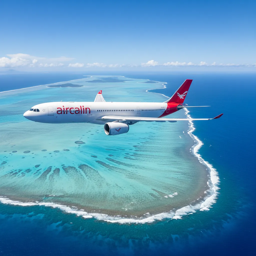 Aircalin aircraft flying over New Caledonia lagoon