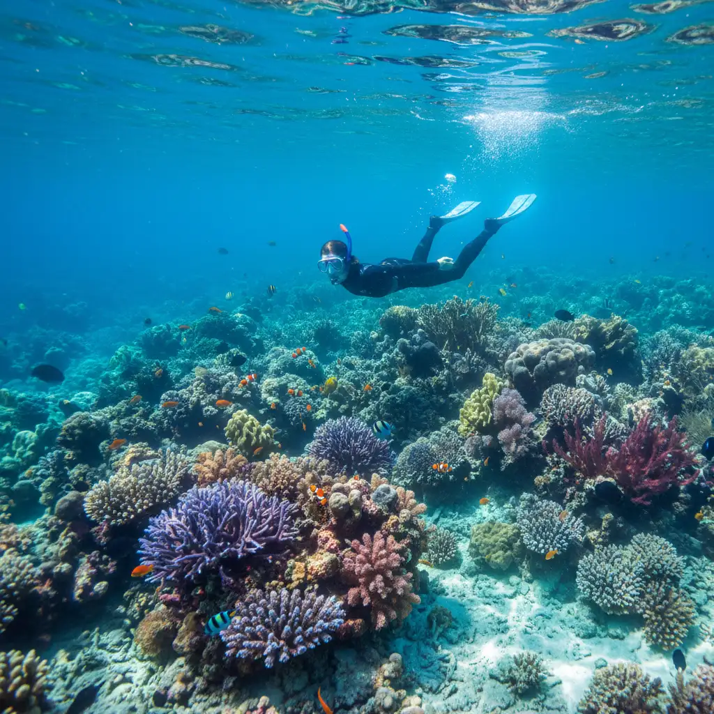 Snorkeling in the crystal clear waters of Jinek Bay Marine Reserve