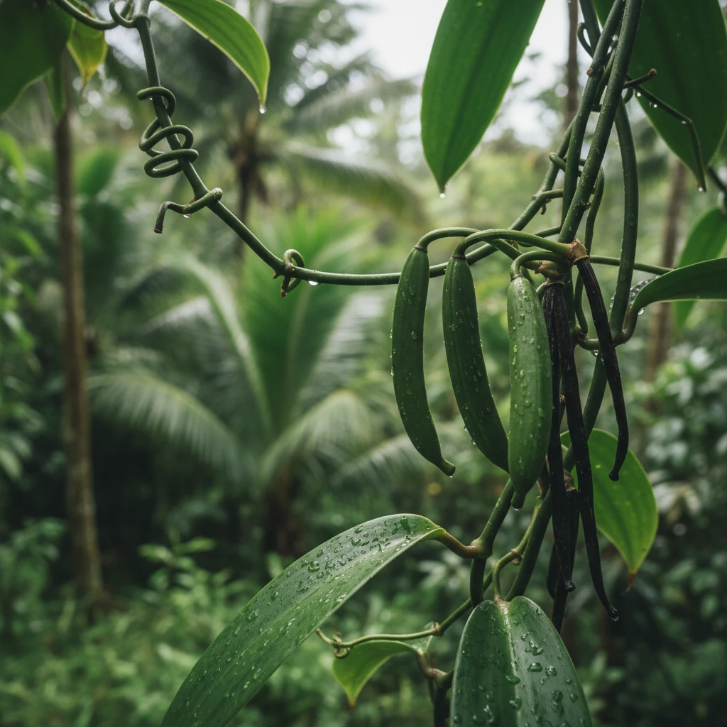 Green vanilla pods growing on vines in a Lifou plantation