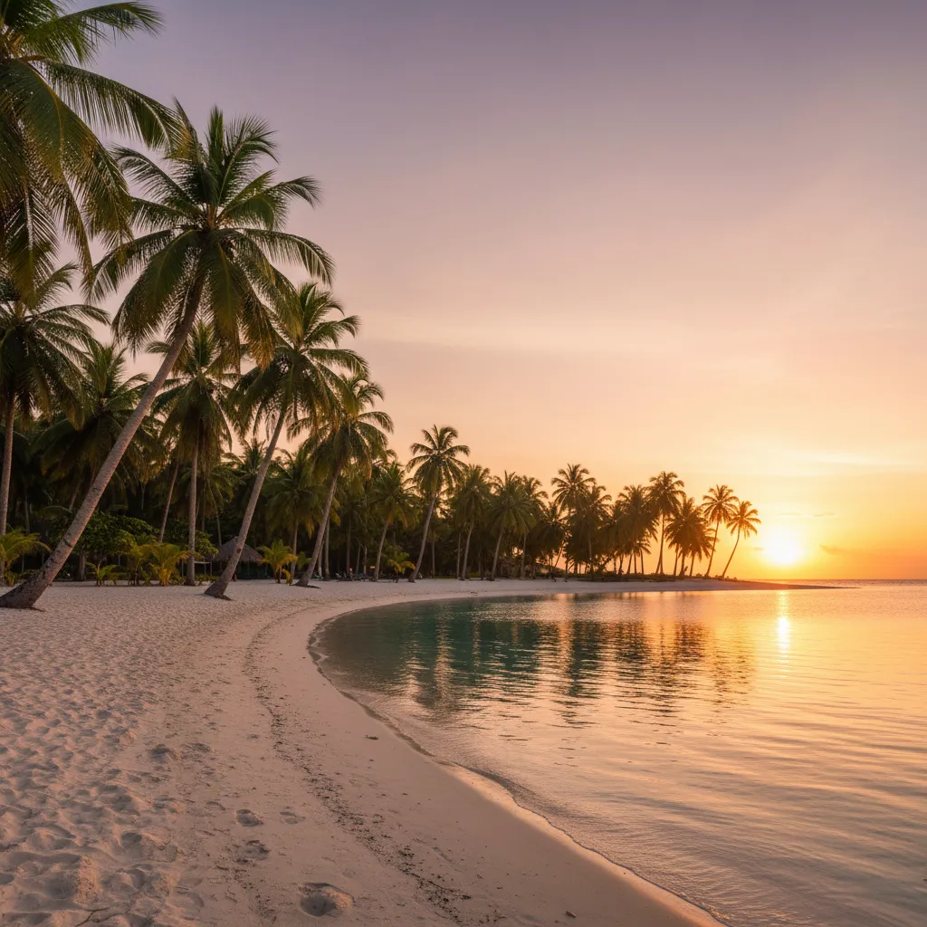 Sunset over the pristine white sands of Luecila Beach