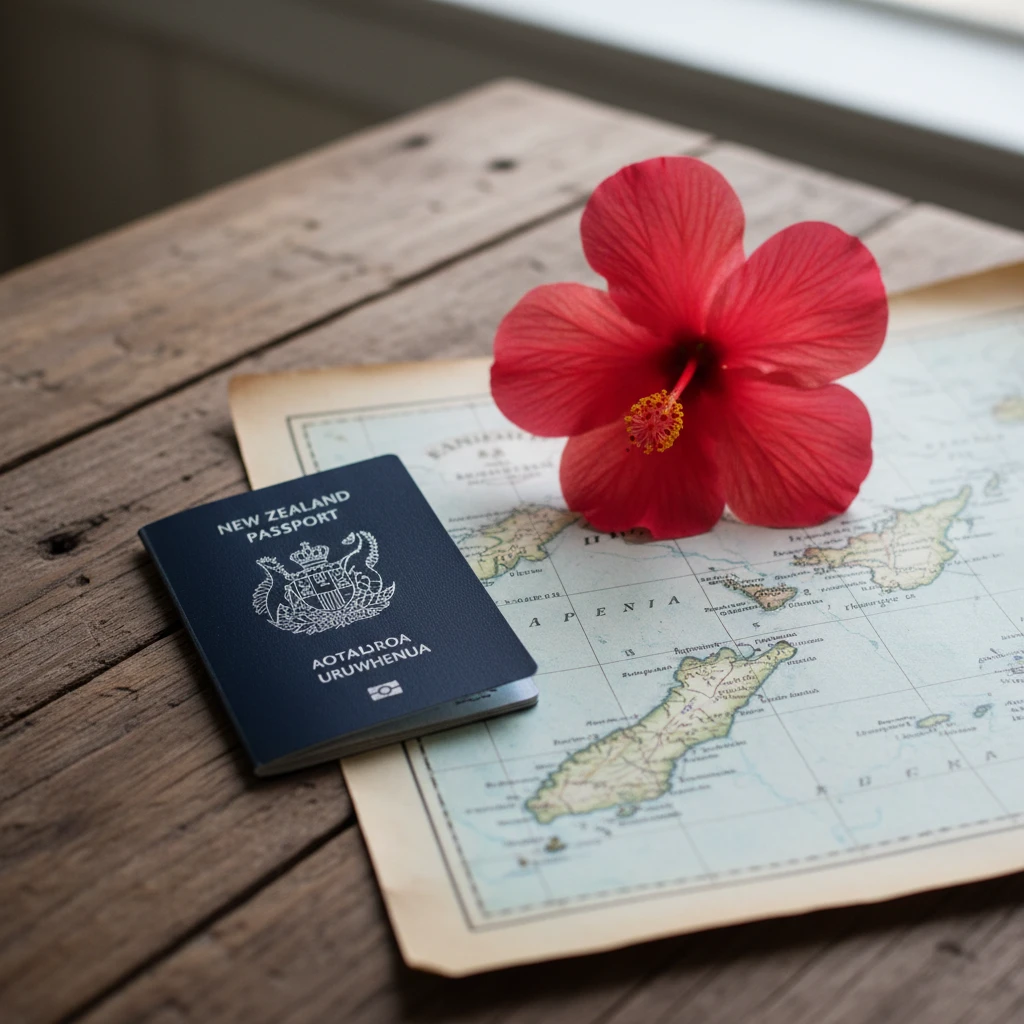 New Zealand passport with New Caledonia travel map