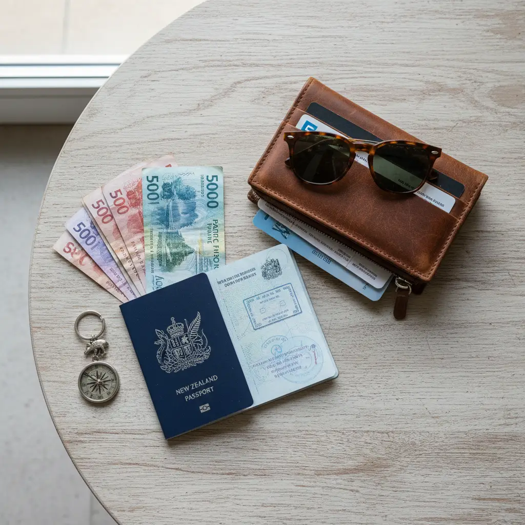 Travel essentials including NZ passport and Pacific Francs