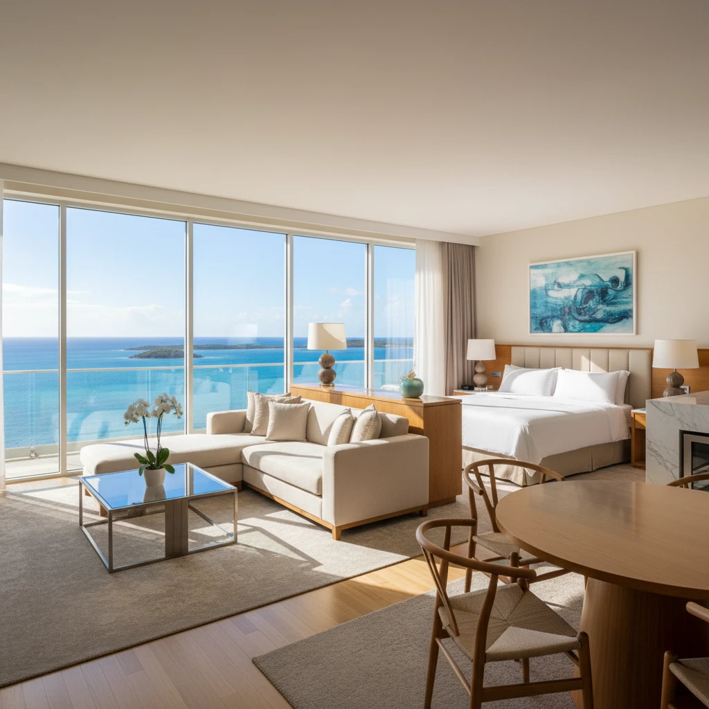 Luxury apartment hotel interior with ocean view in Noumea