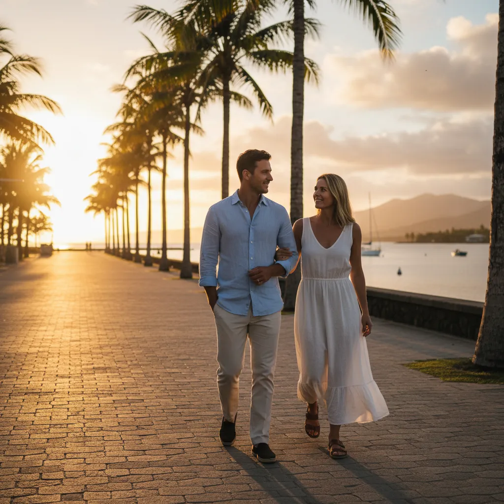 Couple dressed in smart casual attire in Noumea