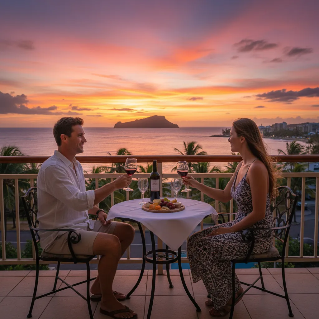 Sunset view from hotel balcony in Noumea