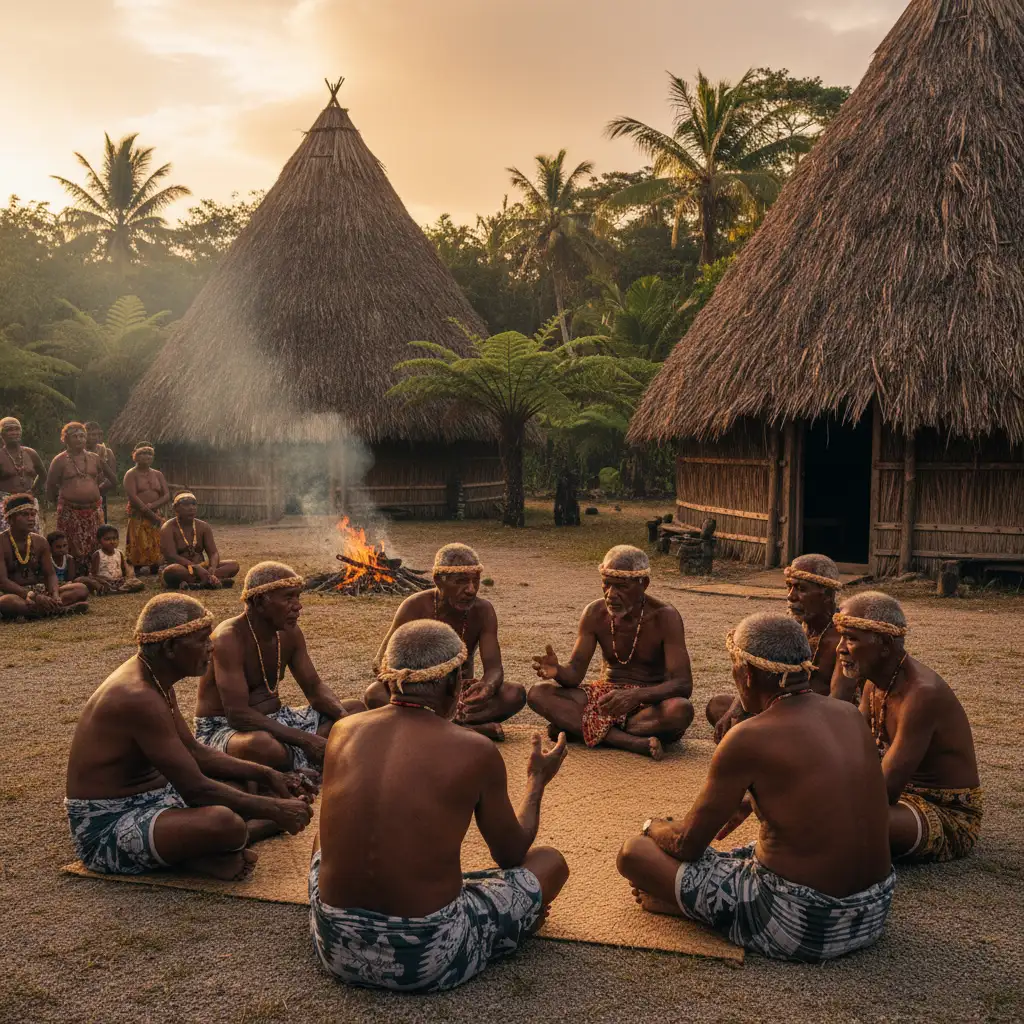 Kanak elders conversing near traditional huts in New Caledonia