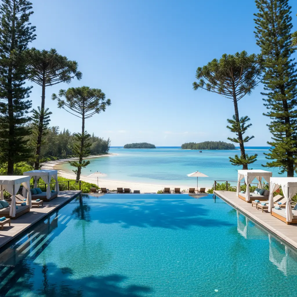Le Meridien Ile des Pins infinity pool overlooking Oro Bay