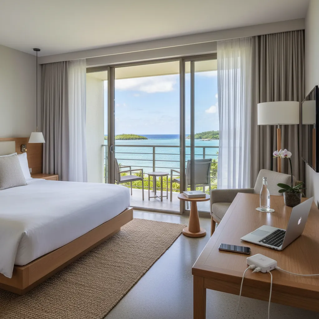 Charging devices in a New Caledonia hotel room