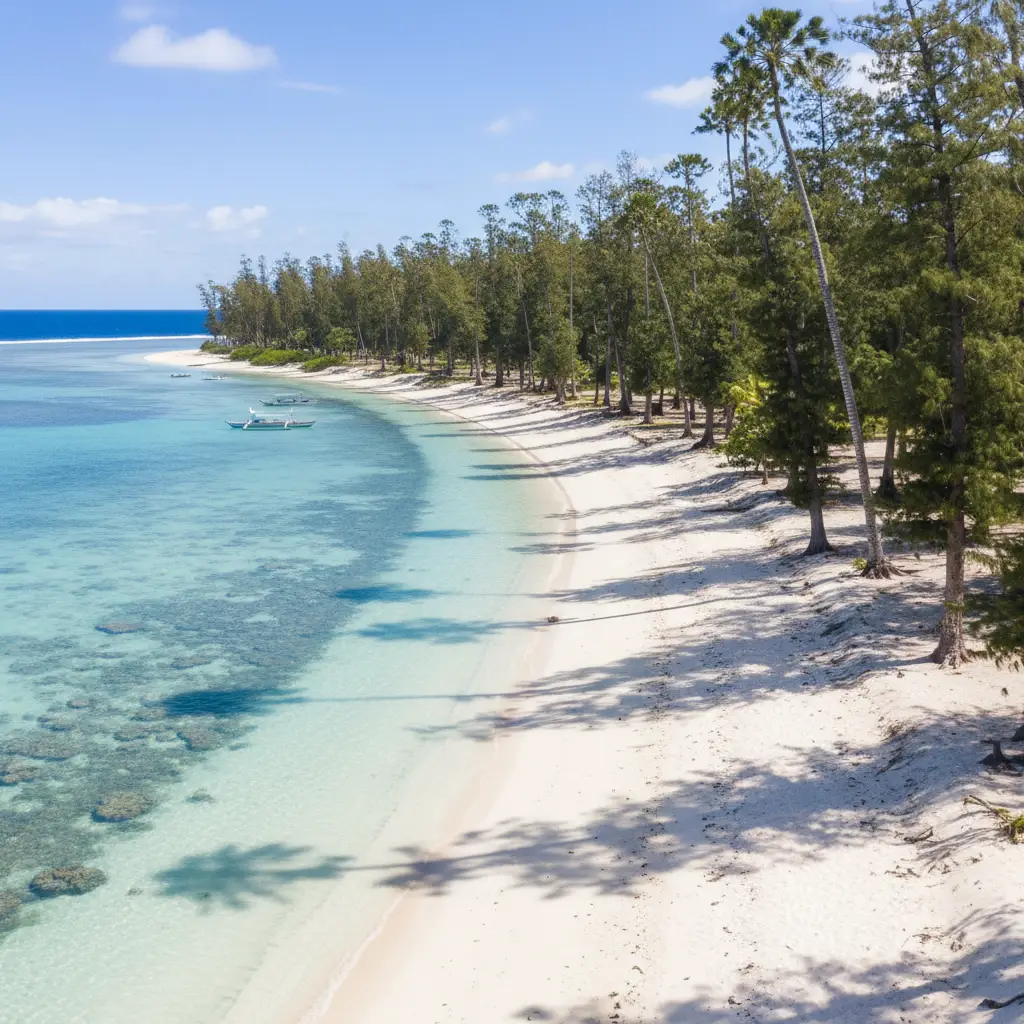 White sands of Kuto Bay lined with Araucaria pines