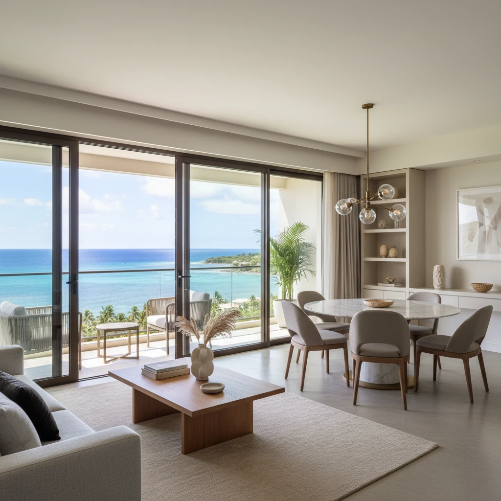 Interior living space of a Hilton Noumea apartment with ocean view