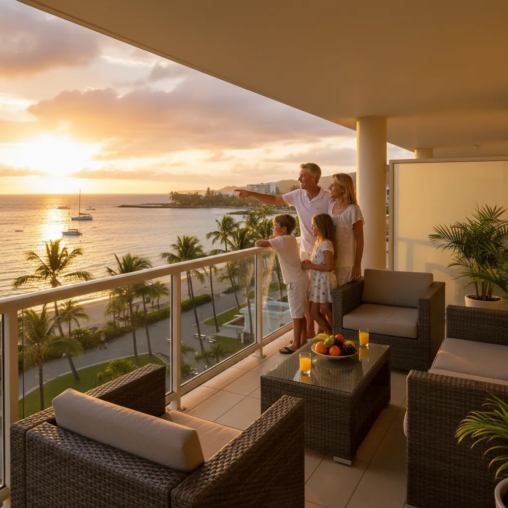 Family relaxing on the balcony at Hilton Noumea