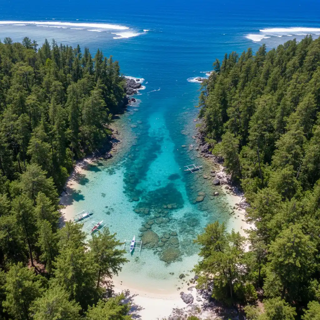 Aerial view of Piscine Naturelle Ile des Pins showing the turquoise lagoon surrounded by pine trees