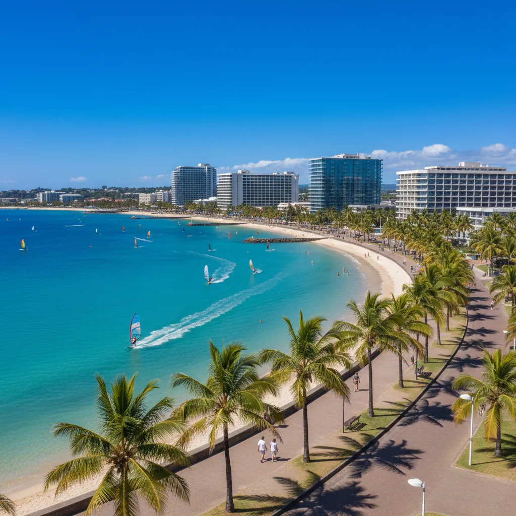 Anse Vata beach with windsurfers and promenade in Noumea