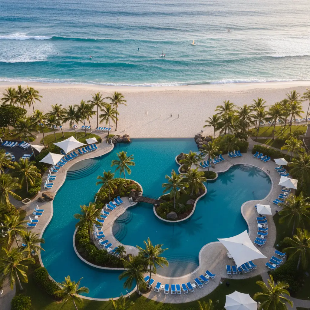 Aerial view of Le Méridien Nouméa pool and beach access