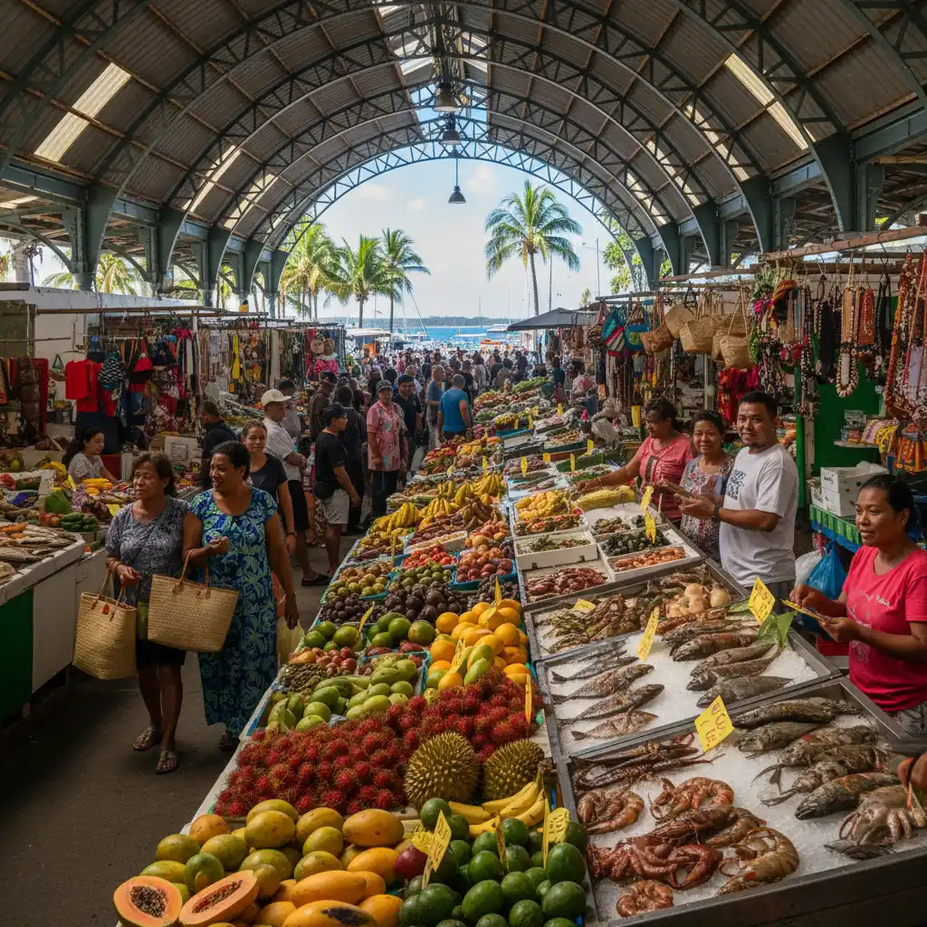 Port Moselle Market in Noumea with fresh produce and crafts