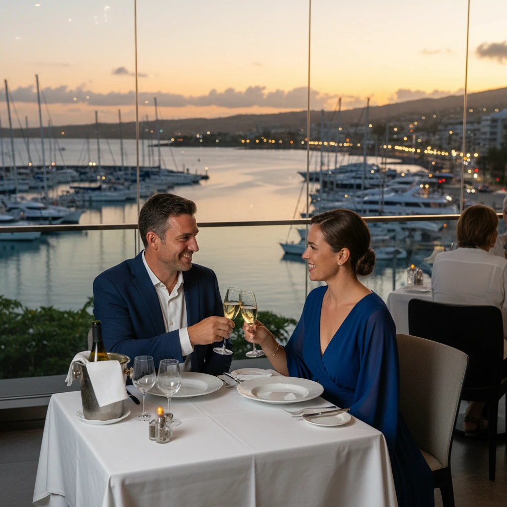 Fine dining waterfront restaurant in Noumea at night