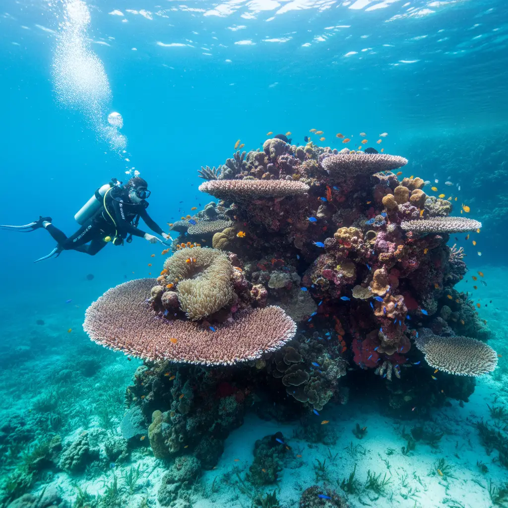 Scuba diver exploring pristine coral gardens near Isle of Pines
