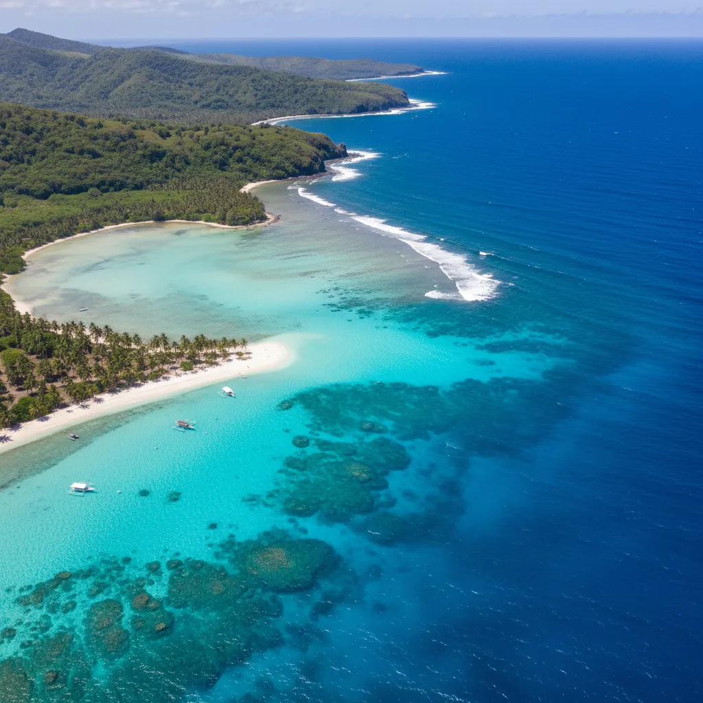 Aerial view of the Blue Lagoon, Isle of Pines, highlighting deep blue water contrast