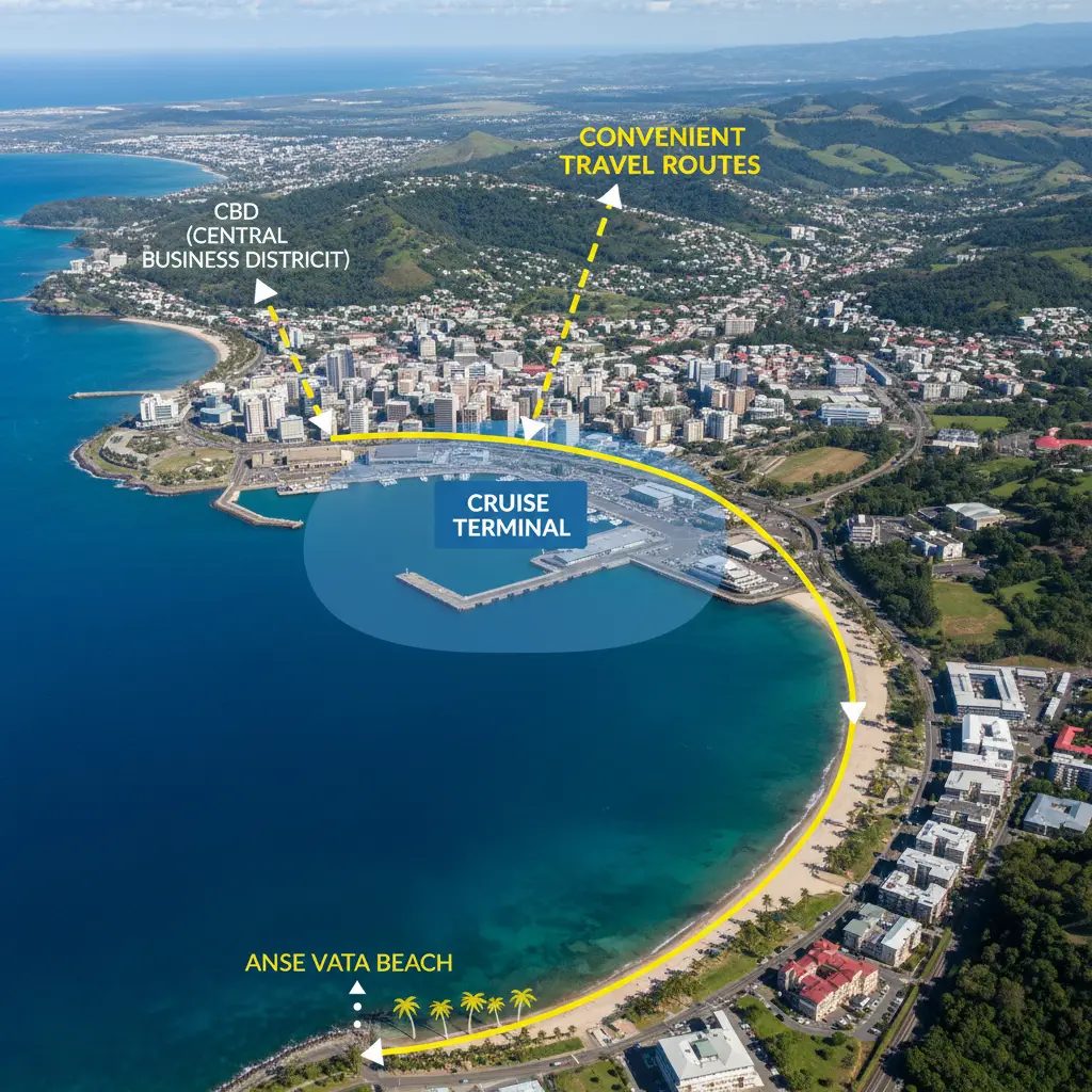 Map showing proximity of day use hotels to Noumea cruise terminal