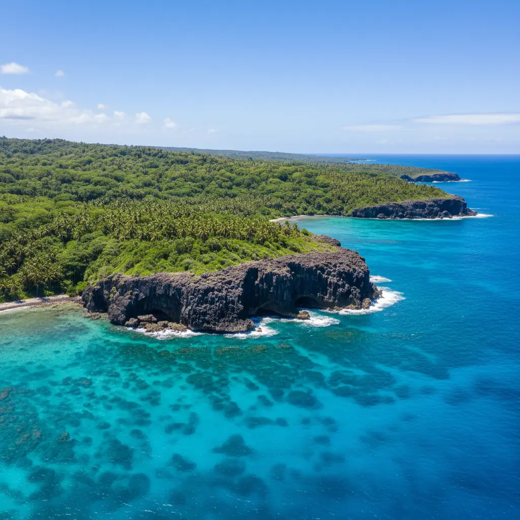 Aerial view of Lifou Island coastline and turquoise lagoon