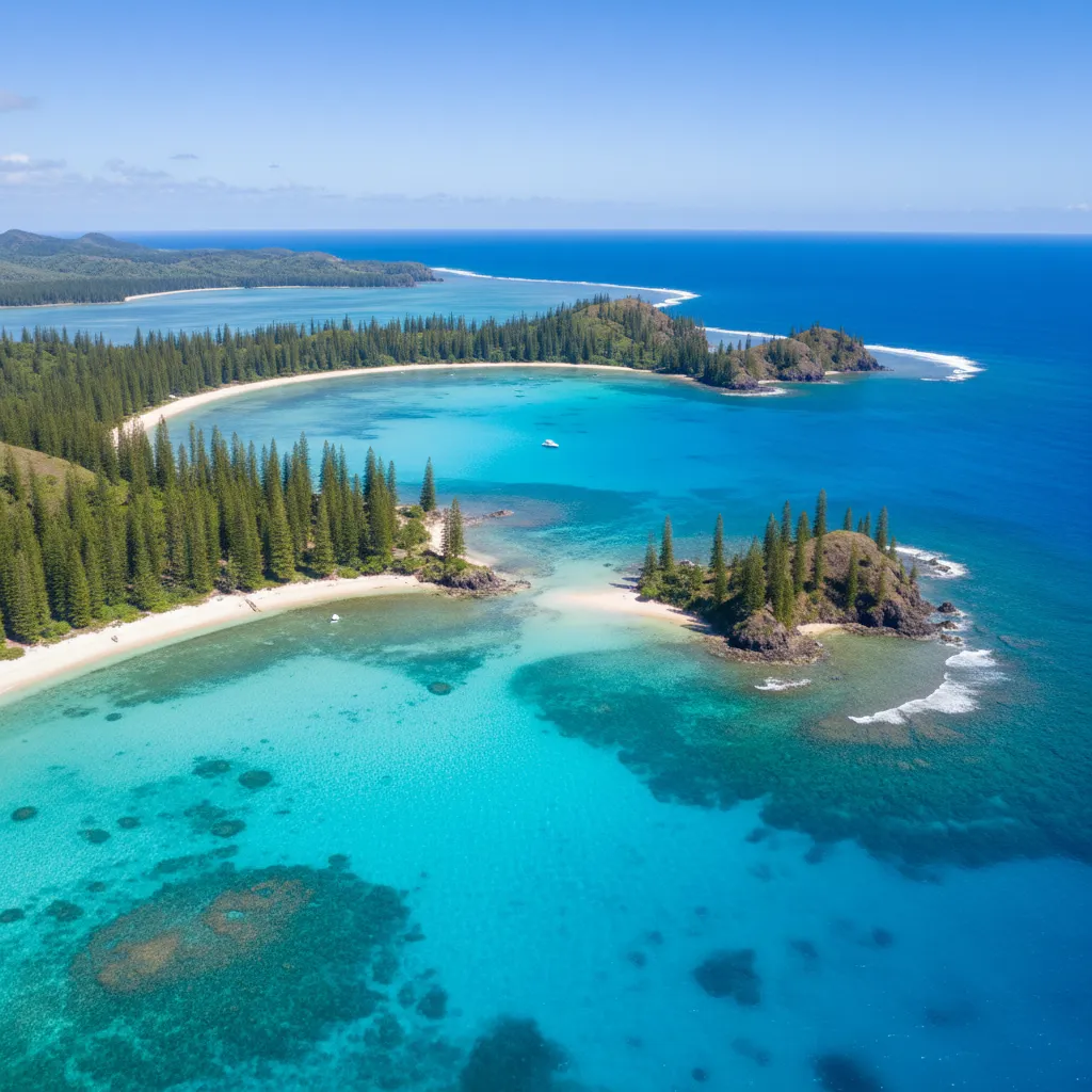 Aerial view of Isle of Pines turquoise lagoon and pine trees