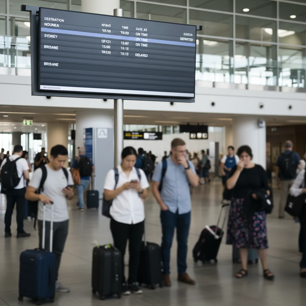 Airport departure board showing flights to Noumea