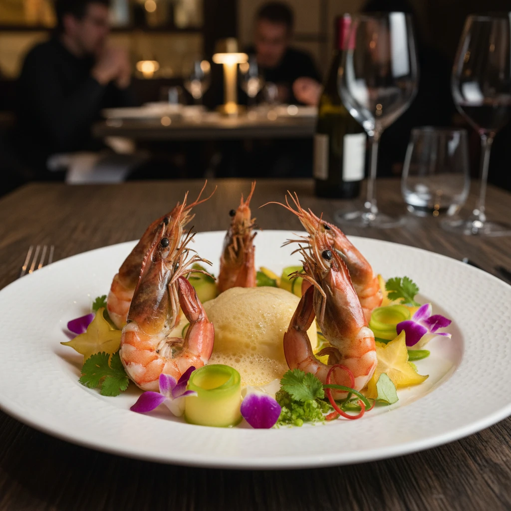 Gourmet plating of New Caledonian blue prawns with French sauce