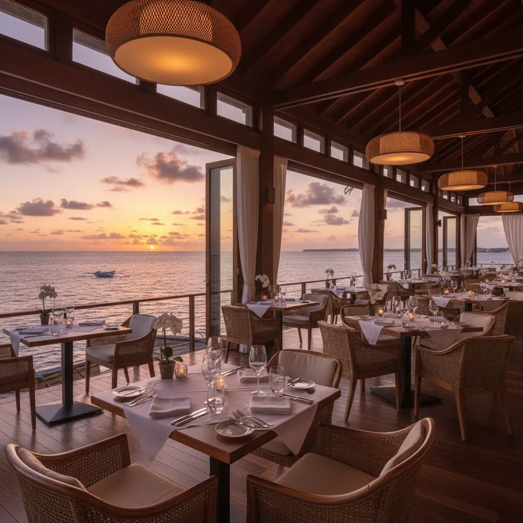 Interior of a luxury overwater restaurant in Noumea with ocean views