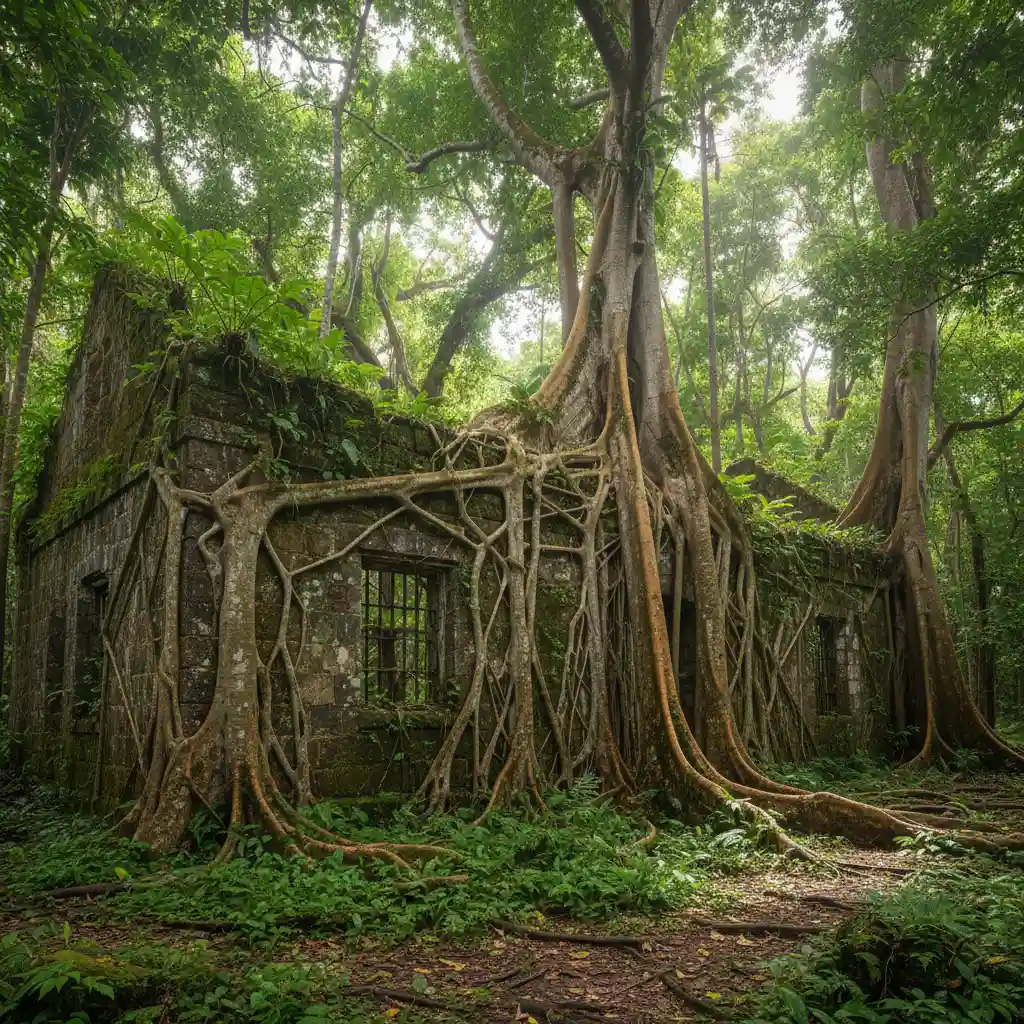 Overgrown ruins of the penal colony at Kuto Bay