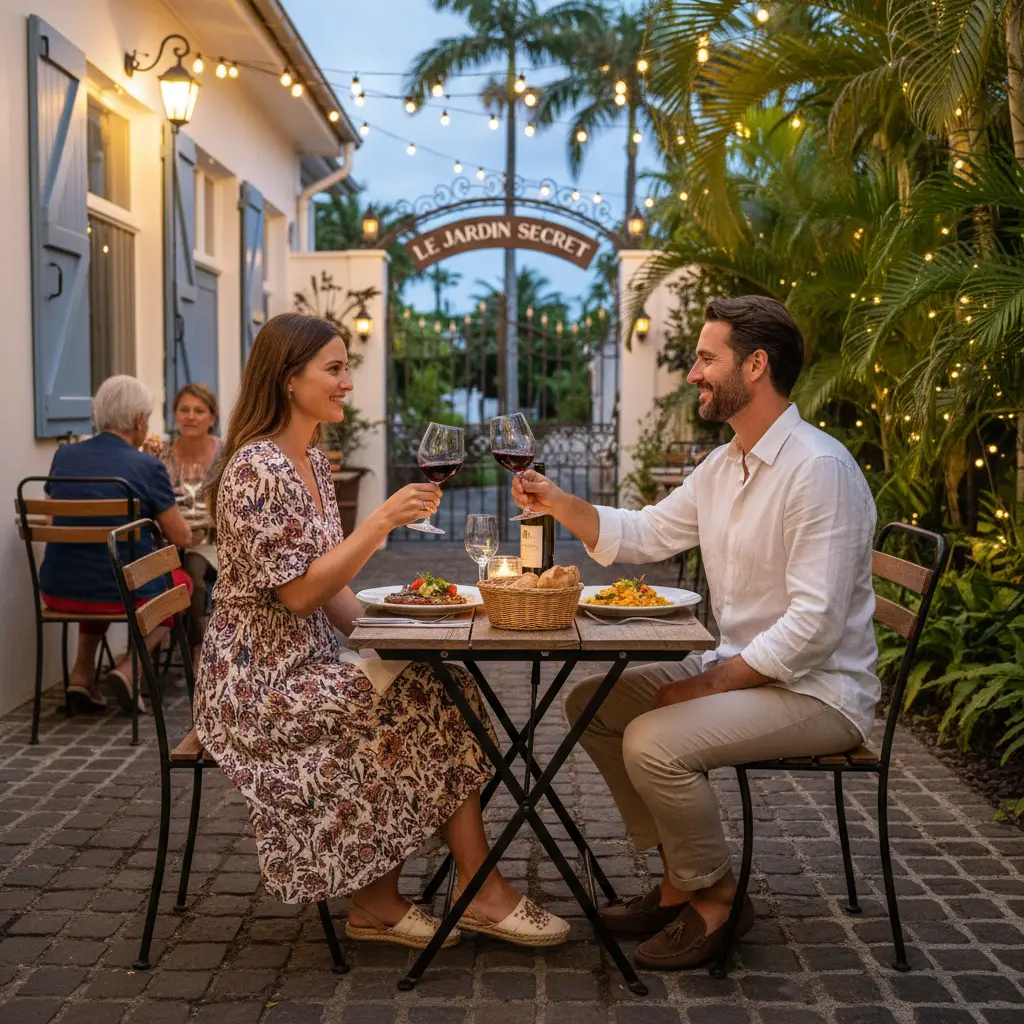 Couple dining in smart casual attire at a Noumea bistro