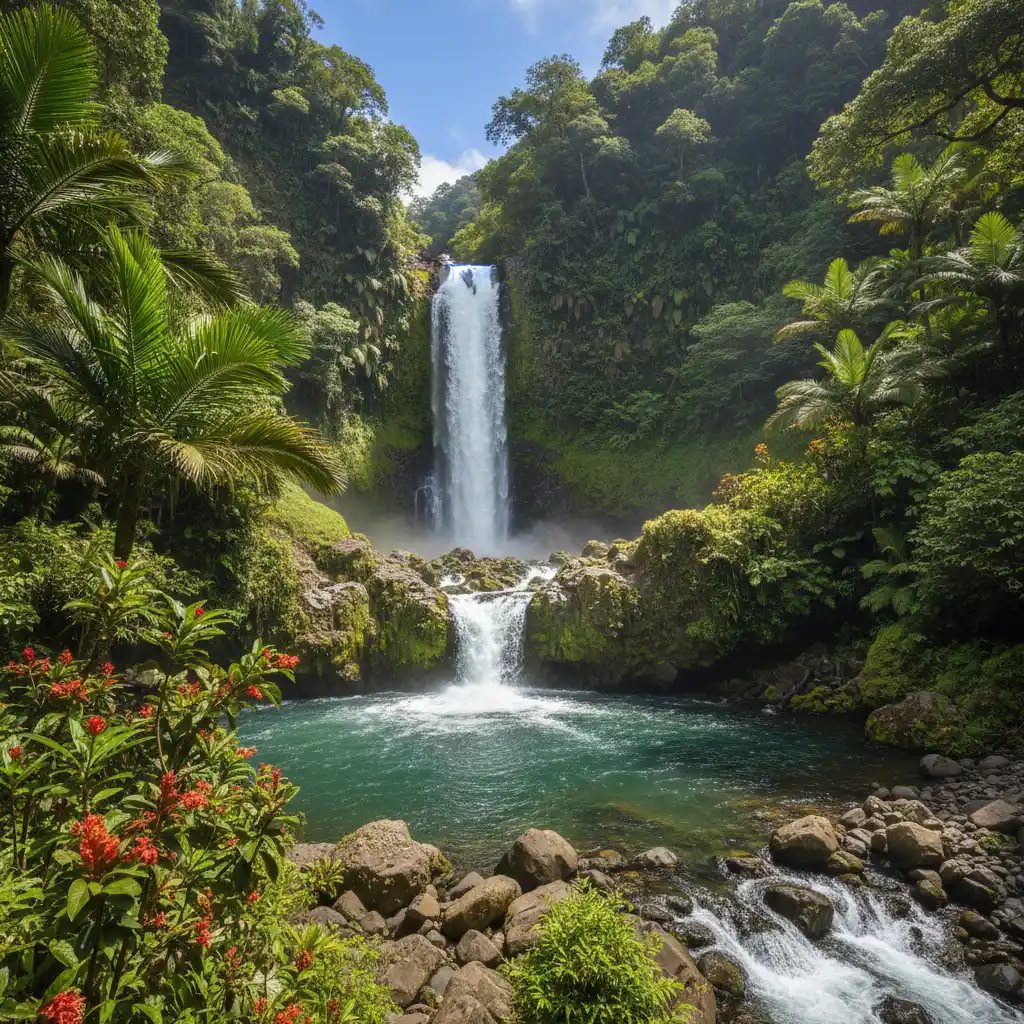 The majestic Tao Waterfalls cascading down Mont Panié