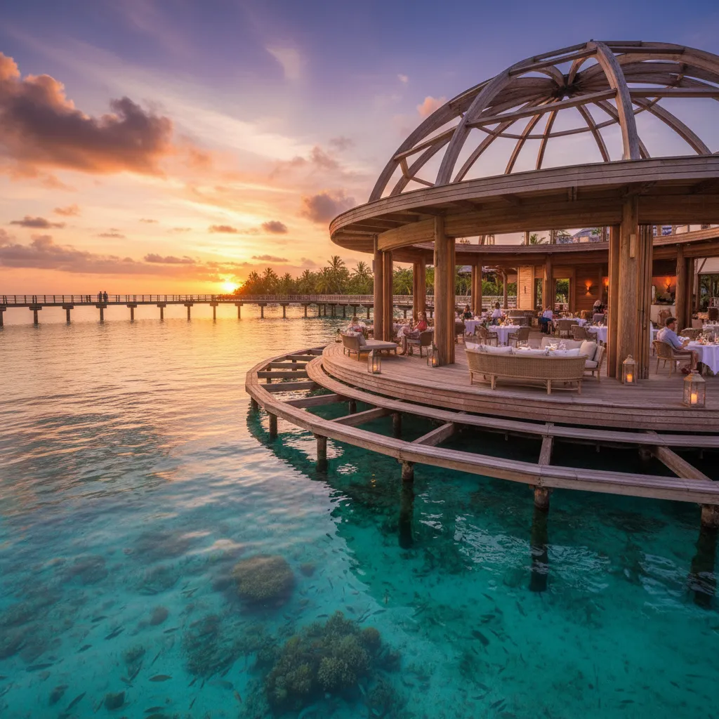 Le Roof Noumea overwater restaurant exterior at sunset
