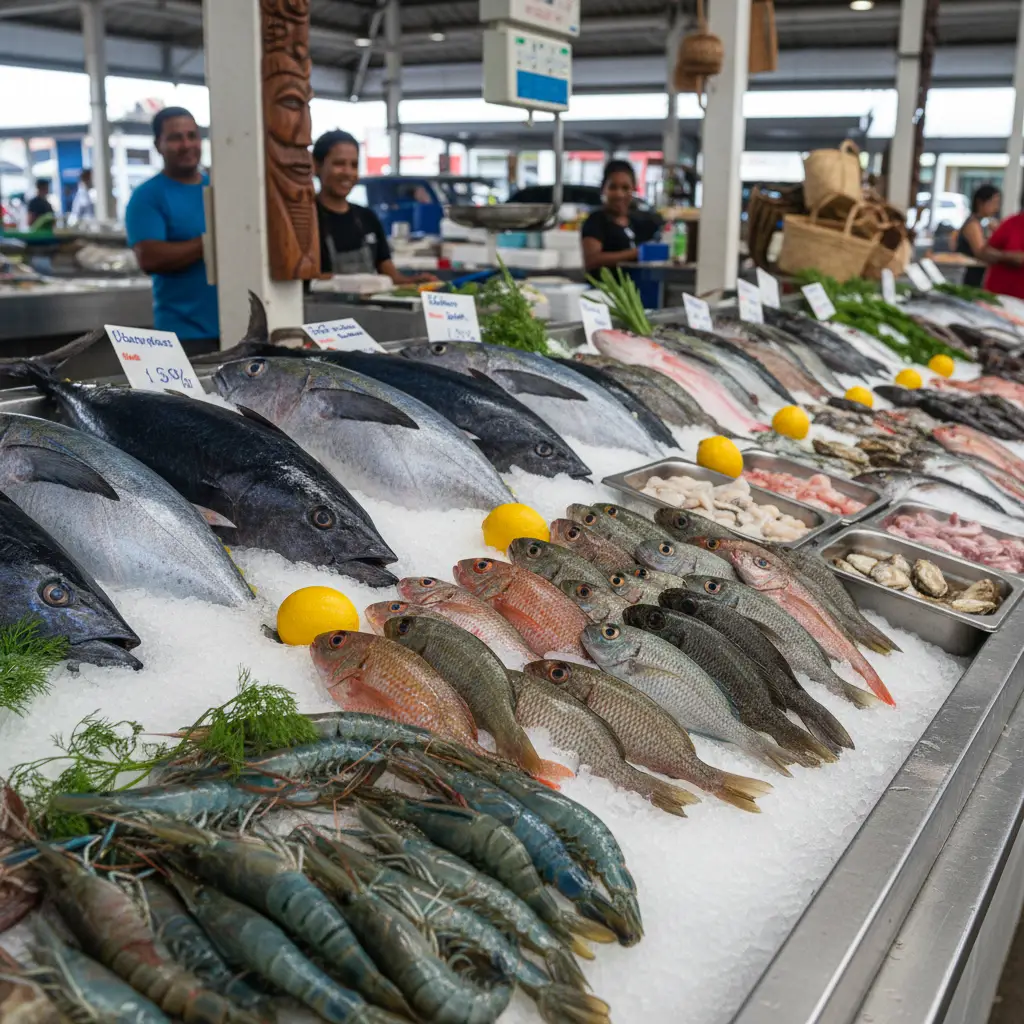 Fresh tuna and blue prawns displayed on ice at the Noumea fish market