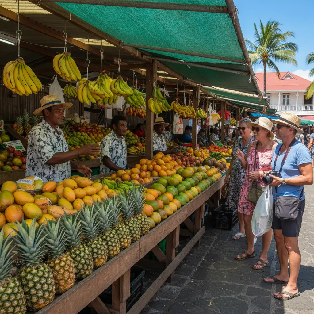 Stalls overflowing with tropical fruit and vegetables at Port Moselle