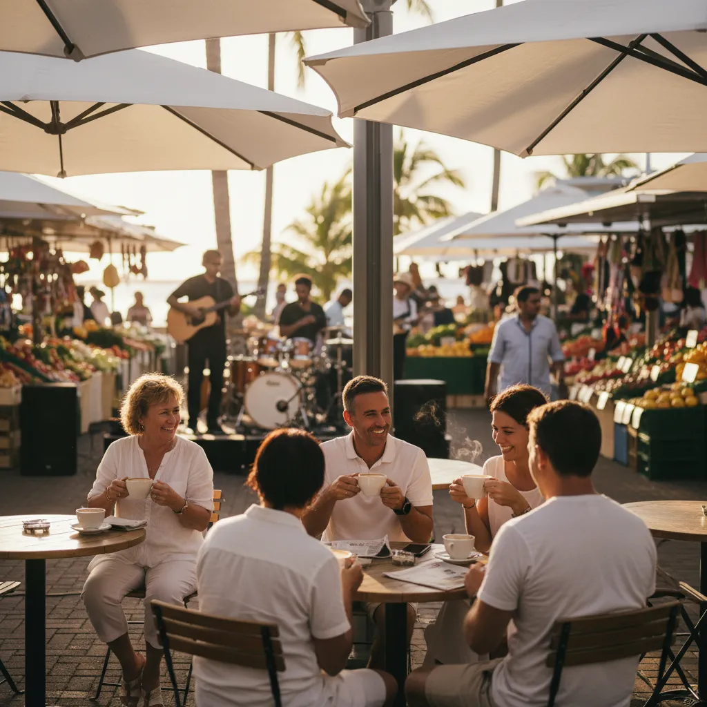 Locals and tourists enjoying coffee and live music at the market central kiosk