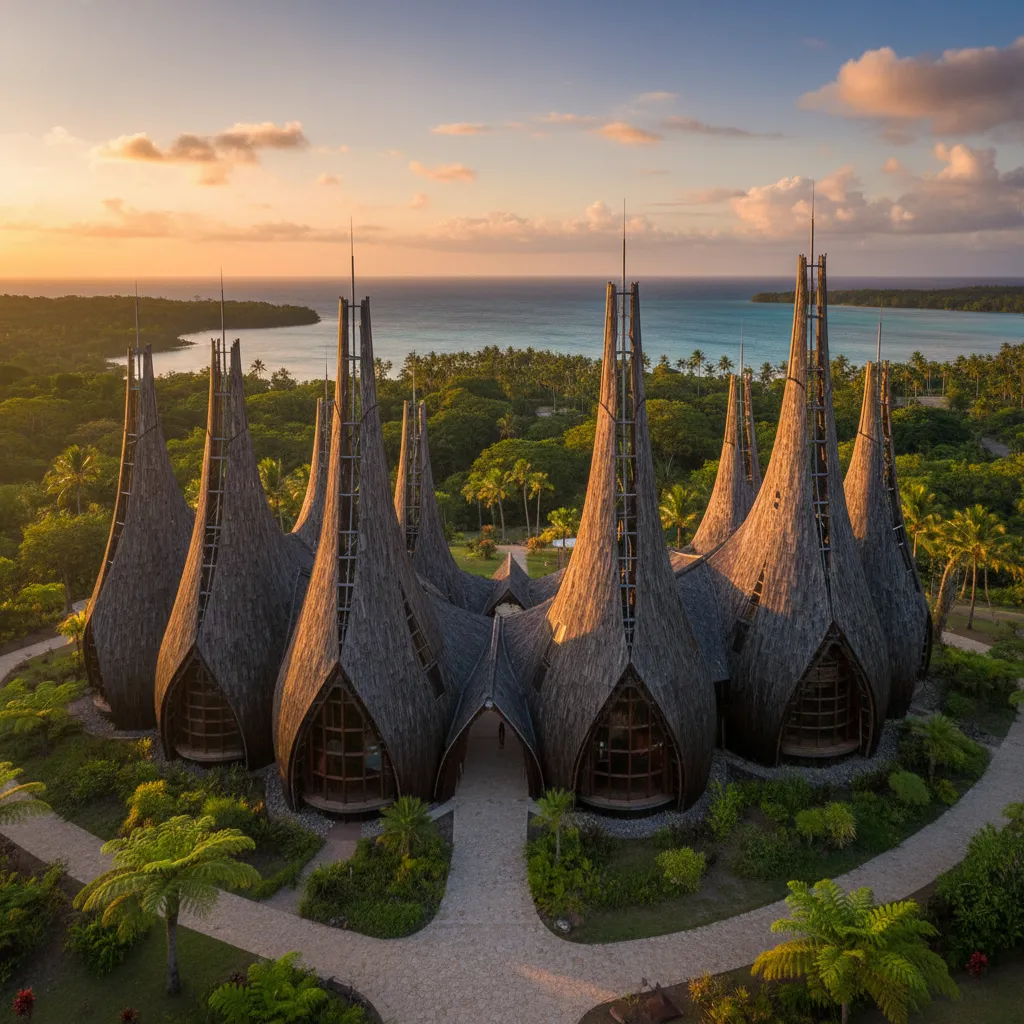 Exterior view of the Tjibaou Cultural Centre architecture at sunset