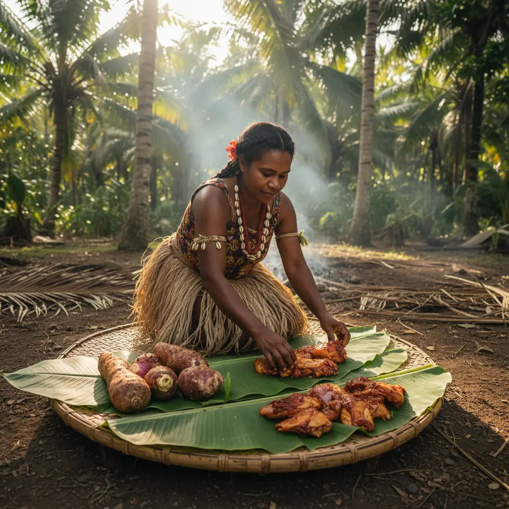 Preparation of traditional Bougna ingredients on banana leaves
