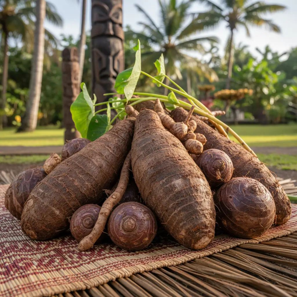 Yams and taro roots on a woven mat