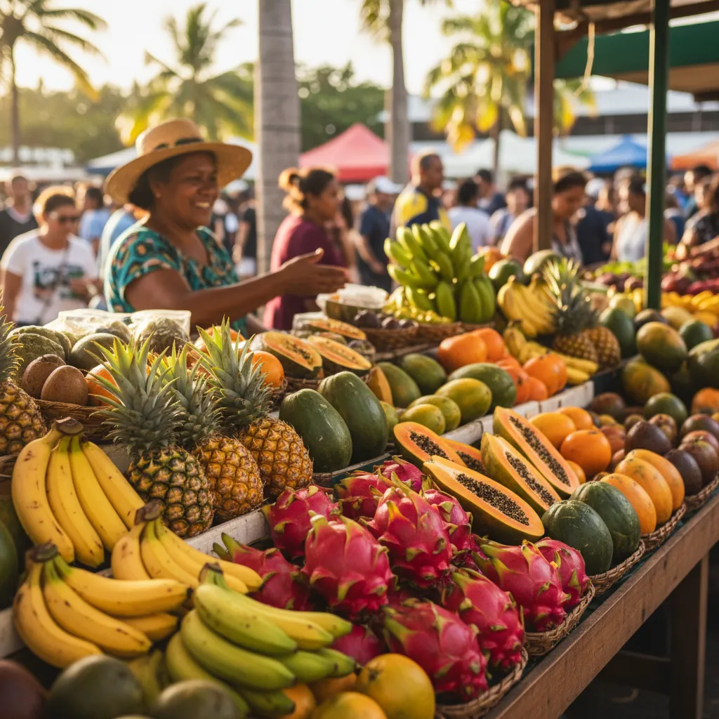 Exotic tropical fruit display at Noumea Market