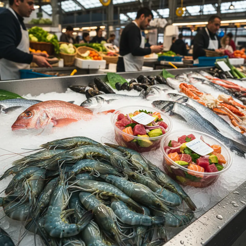 Fresh blue prawns and seafood at Port Moselle Market