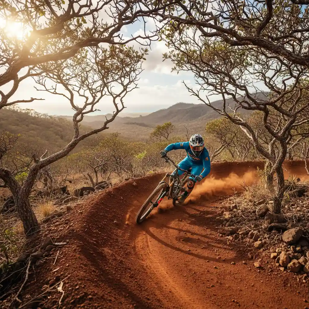 Mountain biker navigating the red clay trails of the Deva Domain Bike Park