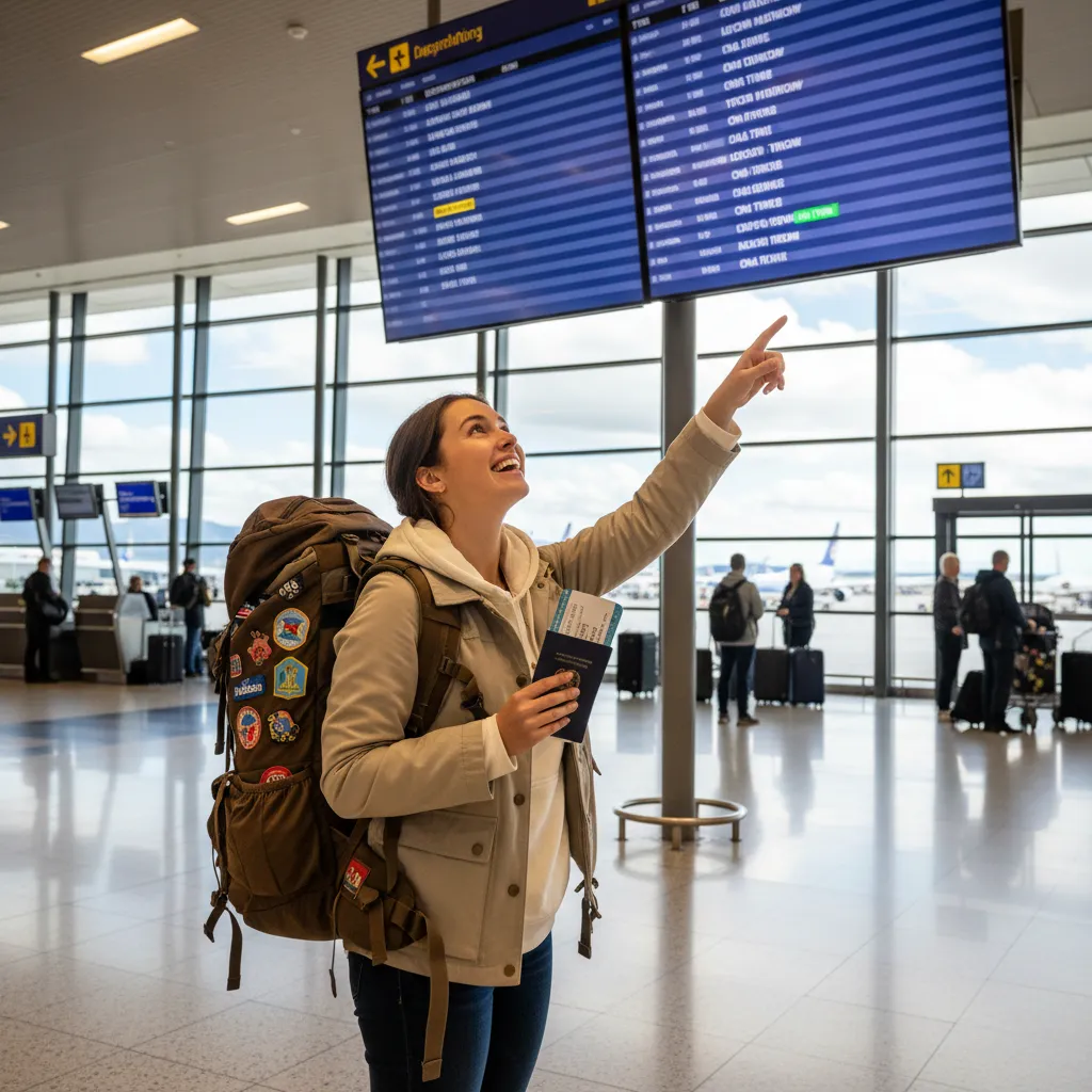 Student traveler at Auckland Airport looking for flights to New Caledonia