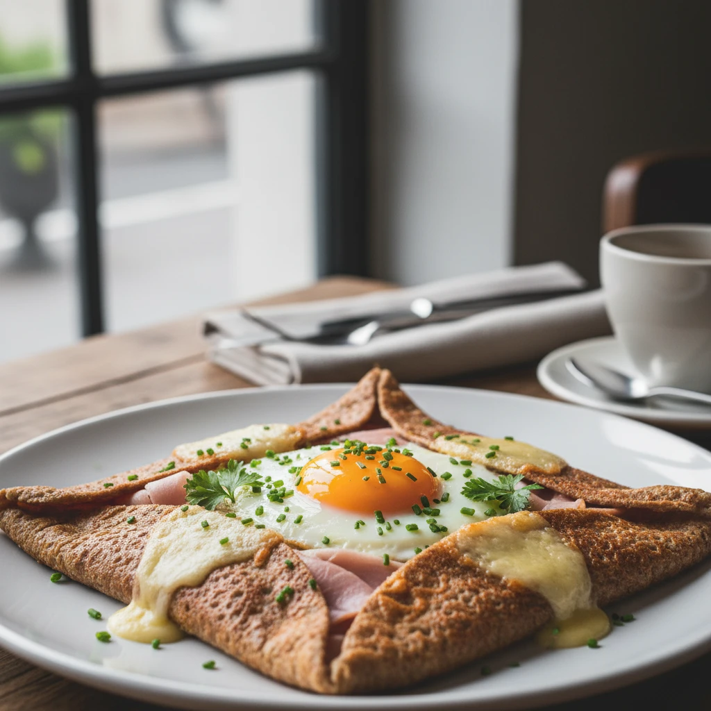 Savory buckwheat galette complete with egg and ham at a creperie Noumea