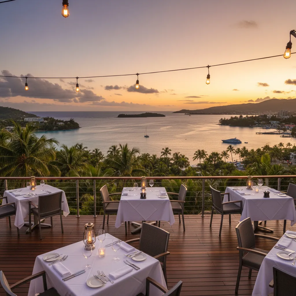 Sunset view from Le Rocher creperie Noumea overlooking the bay