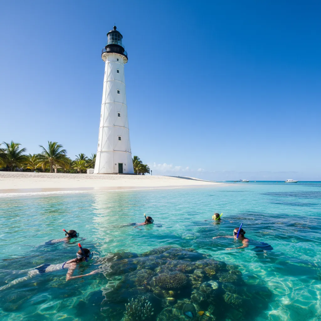 Amedee Lighthouse on a sunny day with snorkelers in the foreground