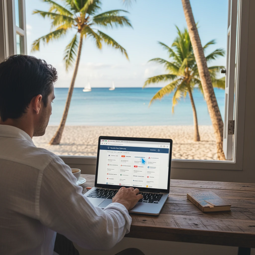 Traveler comparing flight options for New Caledonia on a laptop