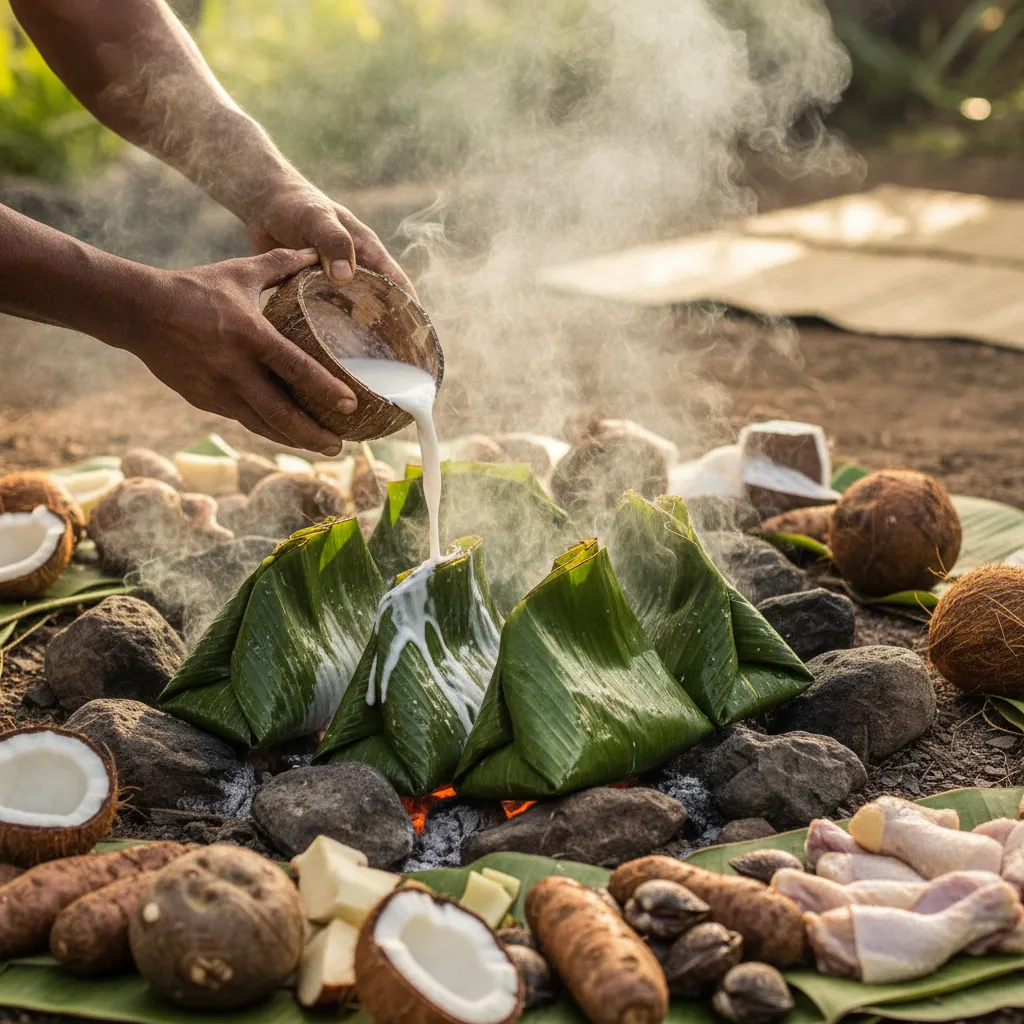 Preparation of traditional Bougna food in New Caledonia