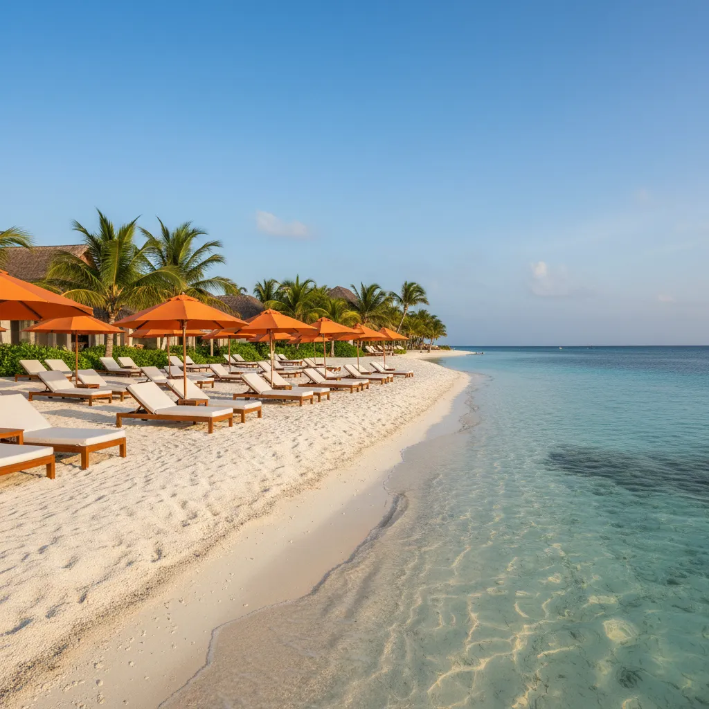 Sun loungers and umbrellas on Duck Island beach
