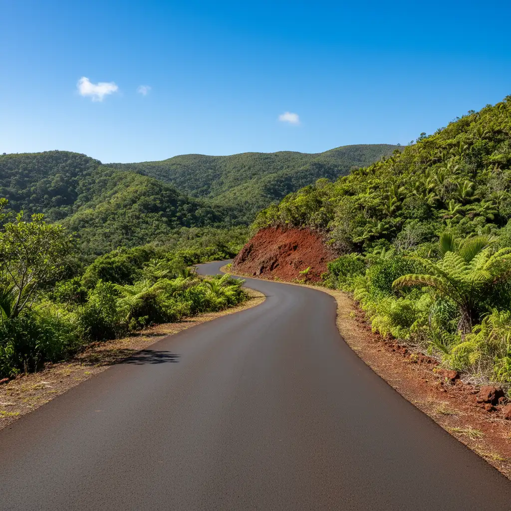 The scenic Koné-Tiwaka road winding through the mountains of New Caledonia