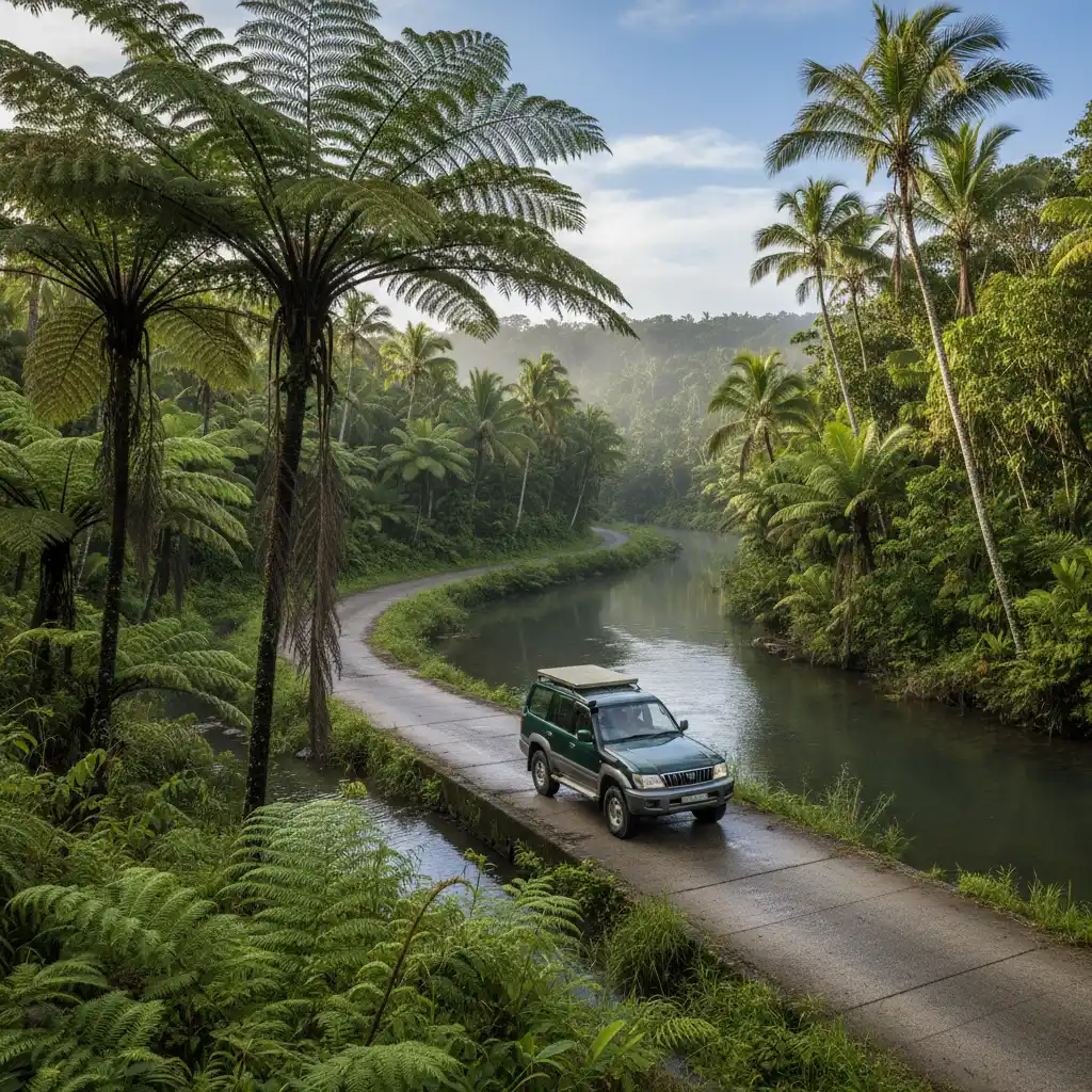 Vehicle crossing a radier causeway on the road to Hienghene